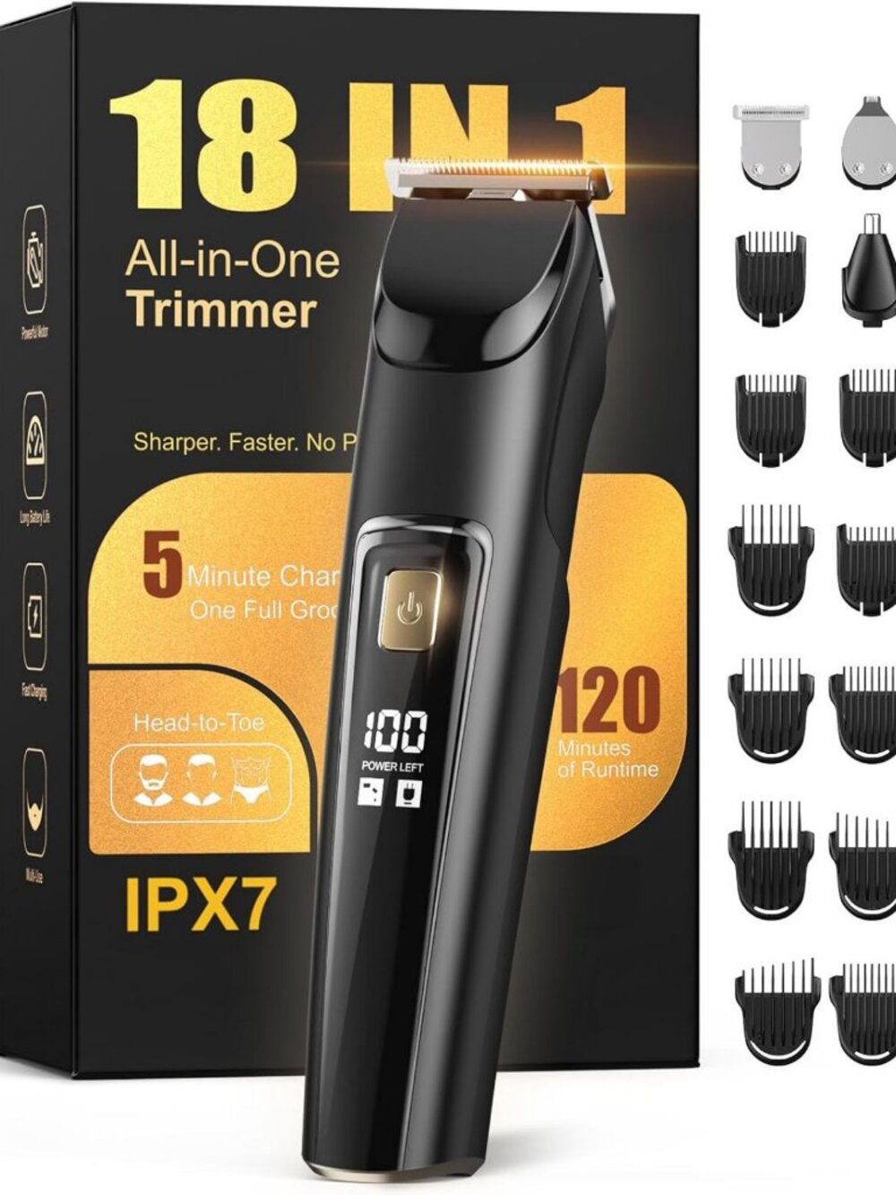 18-in-1 Waterproof Beard Trimmer & Hair Clipper Kit for Men, Rechargeable